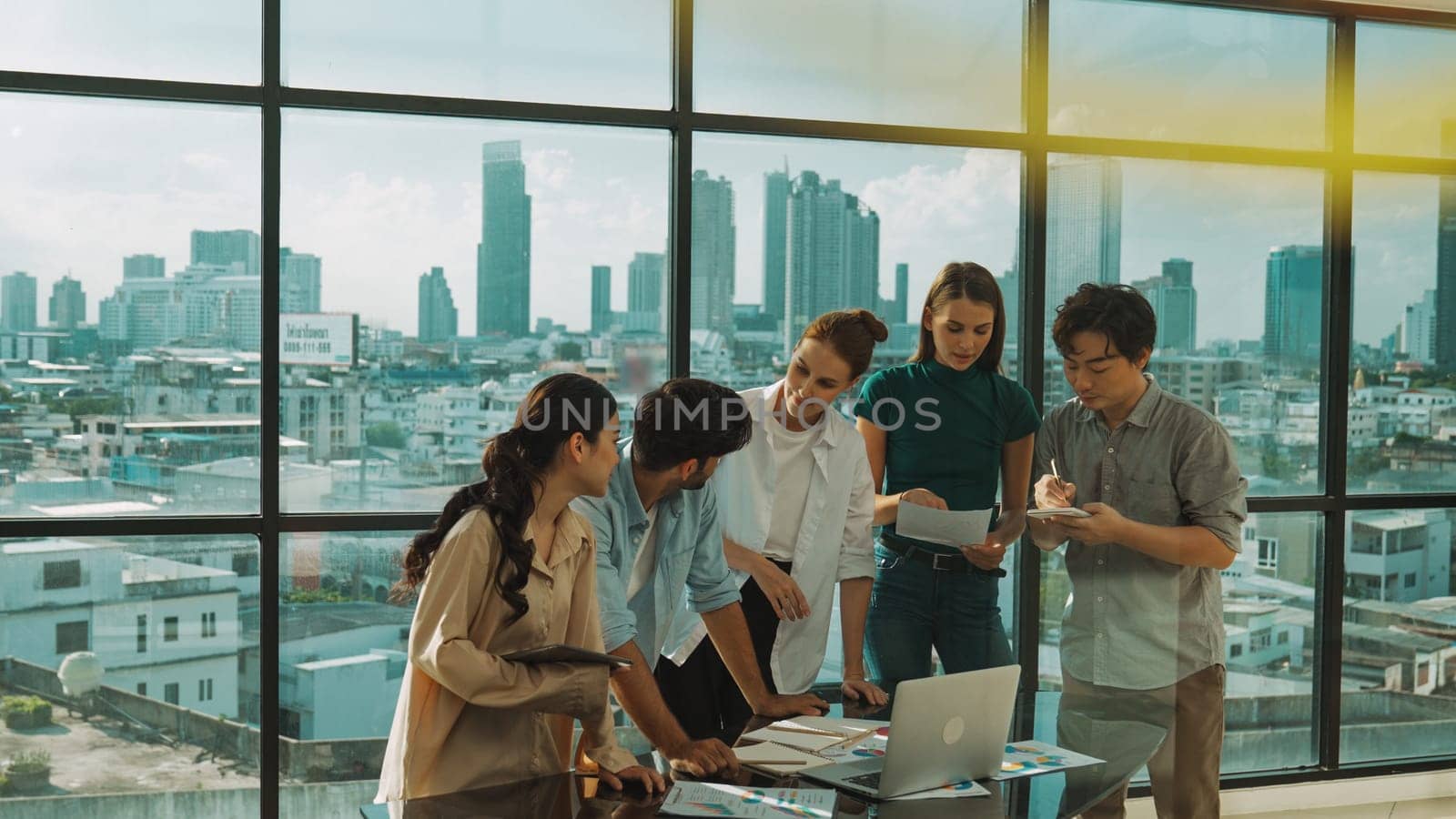 Diverse business people brainstorm with idea written on glass wall. Tracery by biancoblue