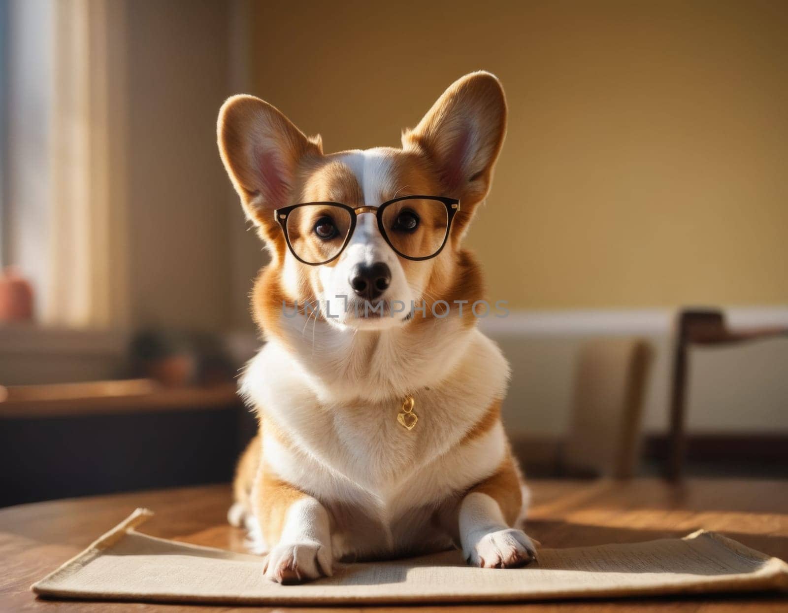 Portrait of a teacher's corgi wearing glasses. AI generation