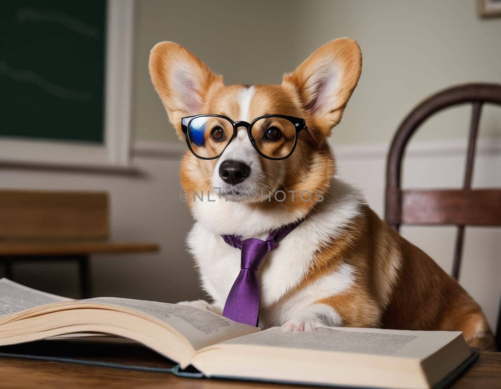 Portrait of a teacher's corgi wearing glasses. AI generation