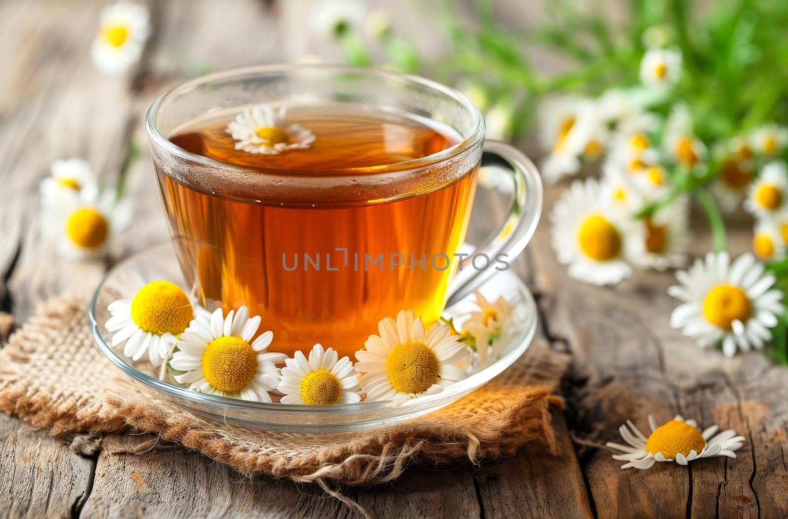 A Cup of Chamomile Tea on a Wooden Table by gcm