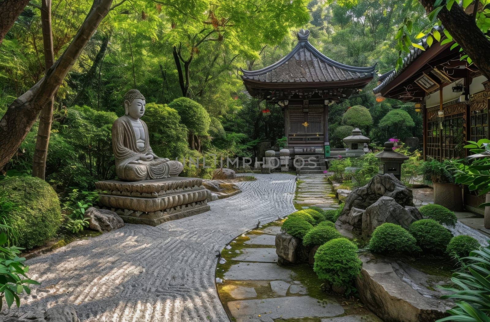 Peaceful Garden With Buddha Statue at the Center by gcm