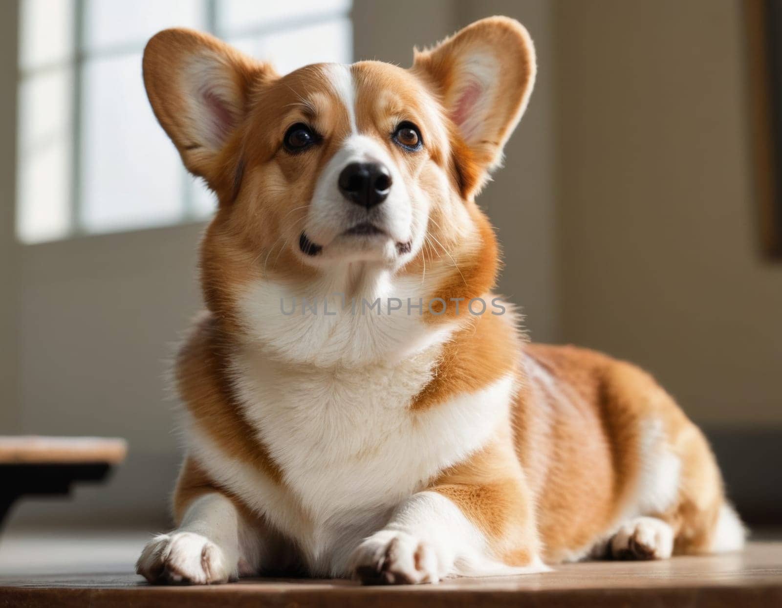 Portrait of a teacher's corgi in the classroom. AI generation