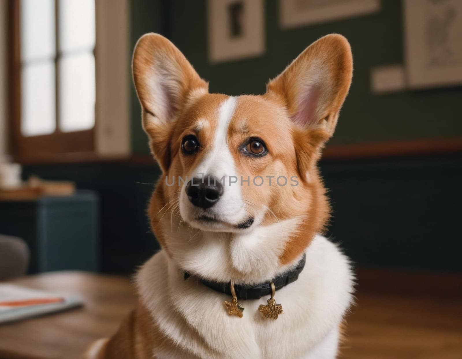 Portrait of a teacher's corgi in the classroom. AI generation