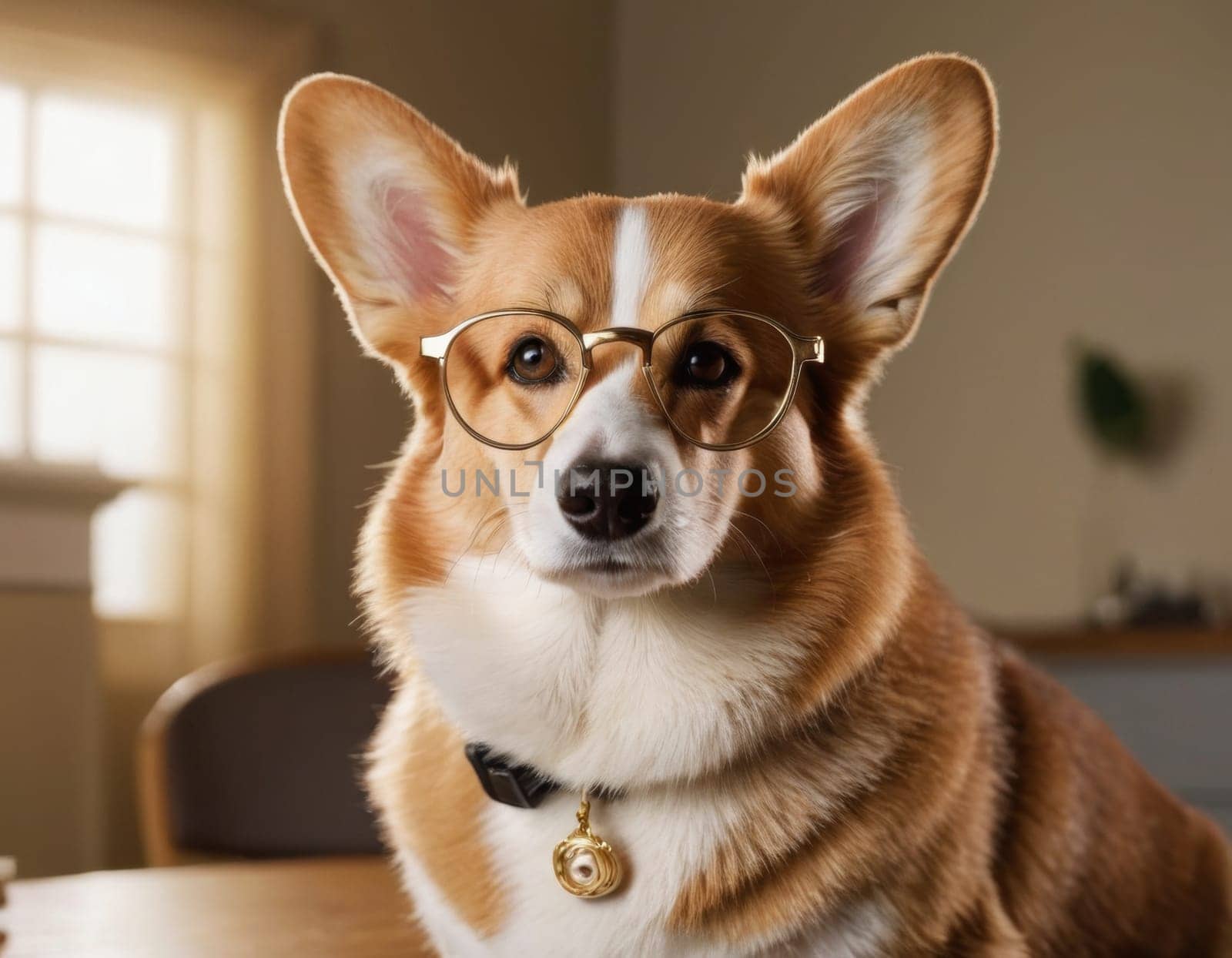 Portrait of a teacher's corgi wearing glasses. AI generation