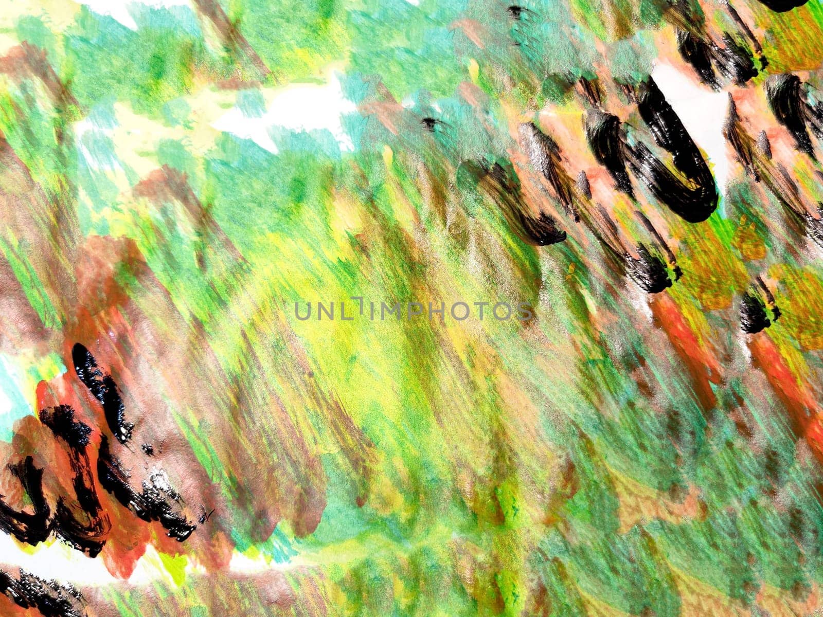 Background made of abstract painting with watercolor paints with water stains, waves and lines in yellow, green, red and black colors. Texture, pattern, frame, copy space and place for text