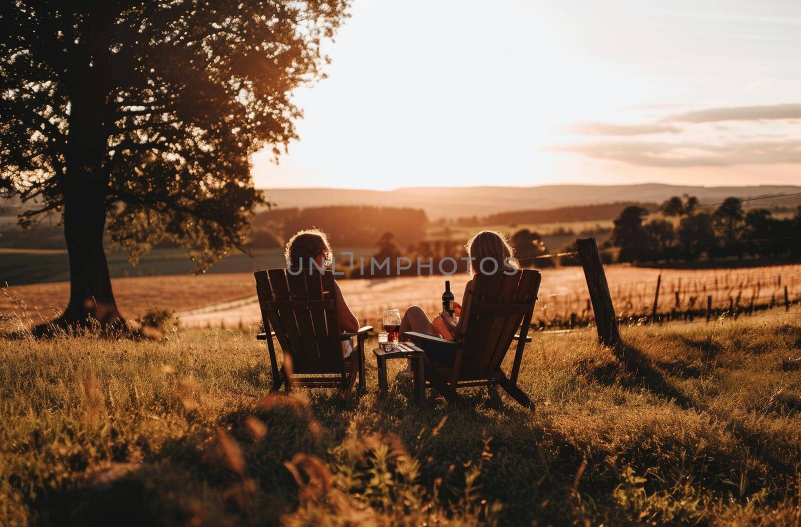 Two friends savoring a peaceful evening together in armchairs, enjoying a sunset view over the rolling countryside hills