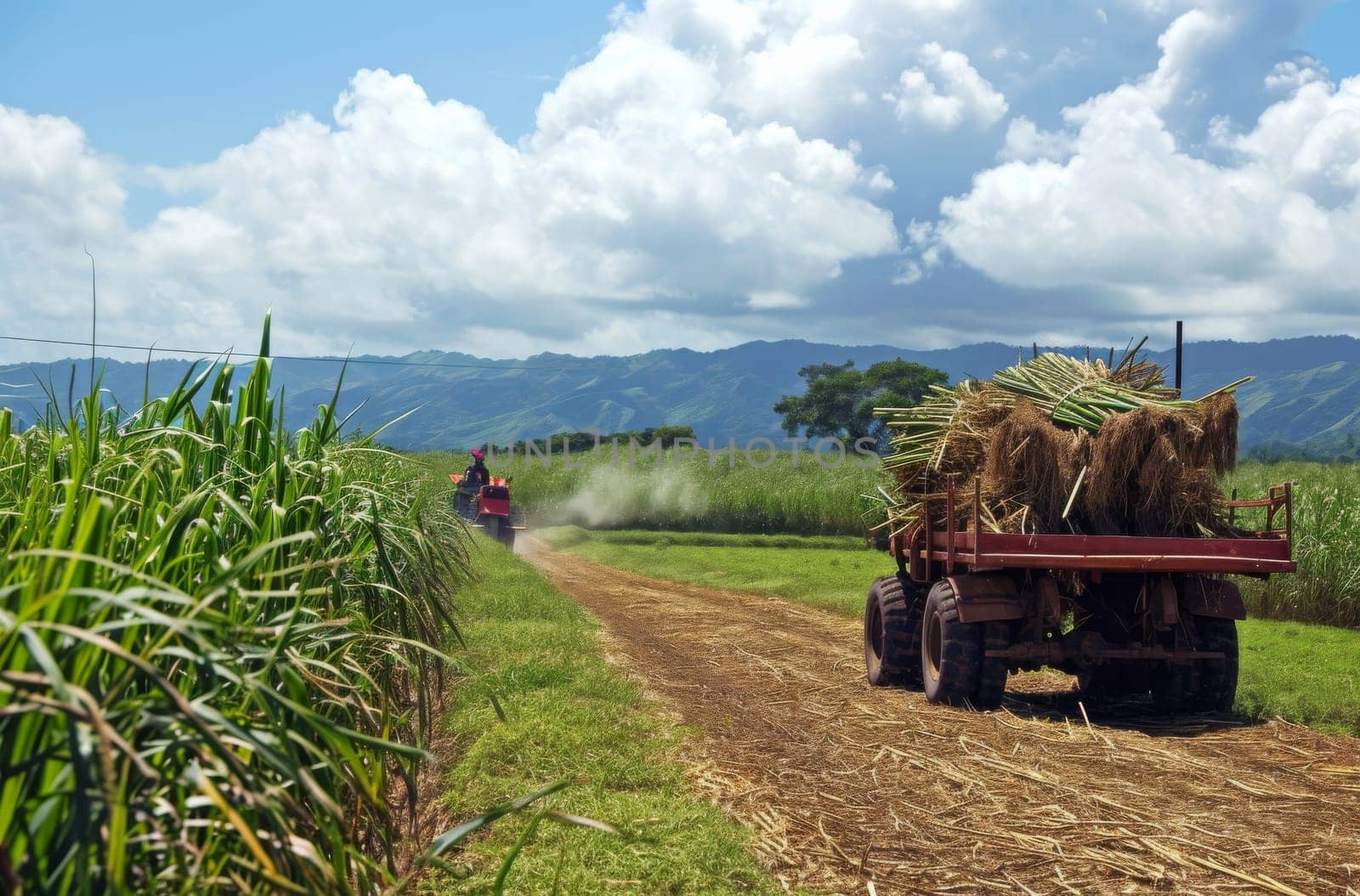 A tractor hauling a load of freshly cut sugar cane traverses a dirt road amidst lush fields, with mountain ranges stretching in the distance under a cloud-dappled sky