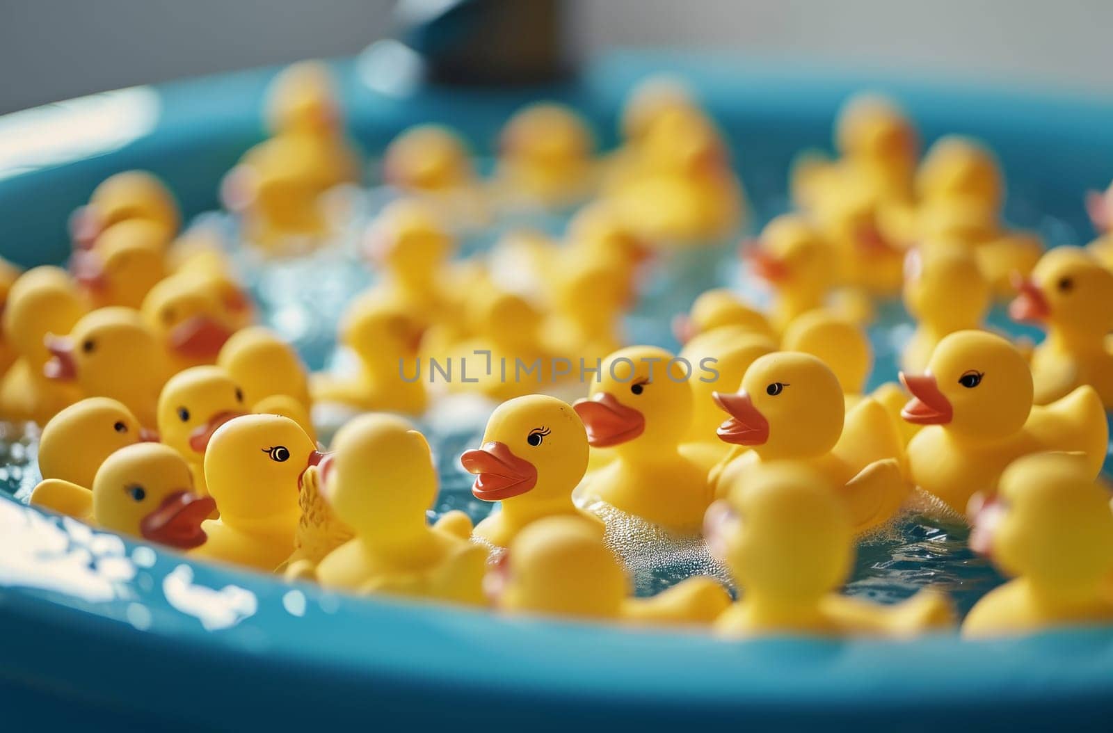 Group of Rubber Ducks in Blue Bowl, Playful Toy Ducks Gathered Inside a Colorful Container by gcm