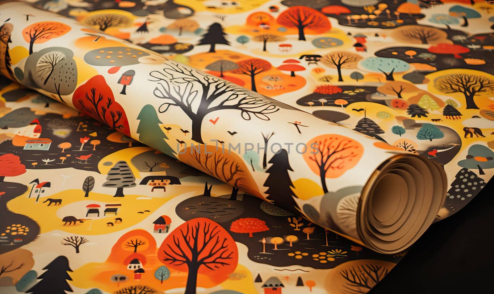 Wrapping paper with an image of an autumn landscape. Selective soft focus.