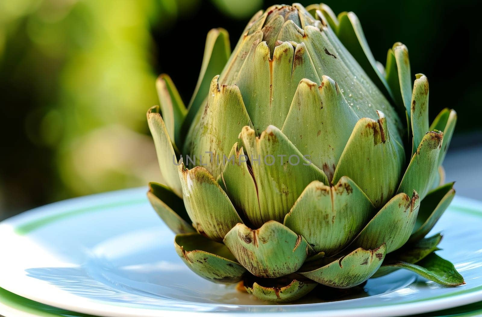 Green Artichoke on Blue and White Plate - Fresh Organic Vegetable Decoration Concept by gcm