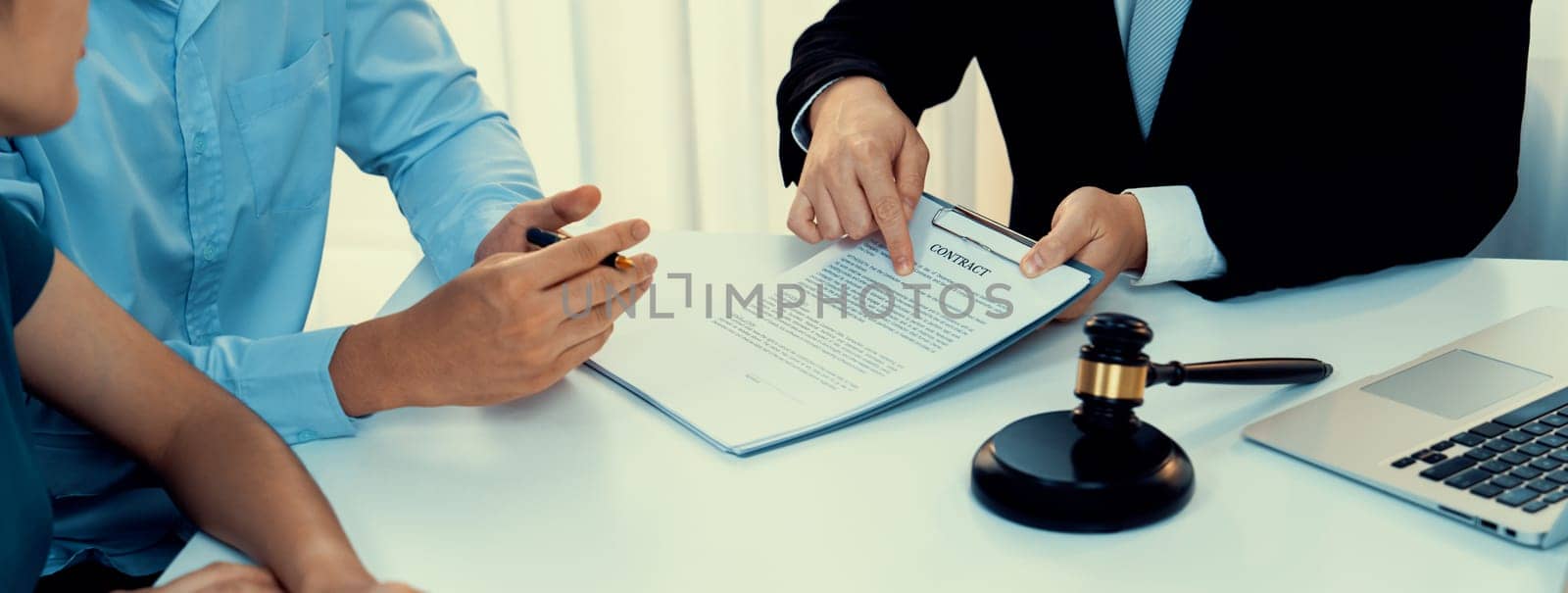 Couples file for divorcing and seek assistance from law firm to divide property after breakup. Obligations contract assist by lawyer in negotiating settlement agreement meeting. Panorama Rigid