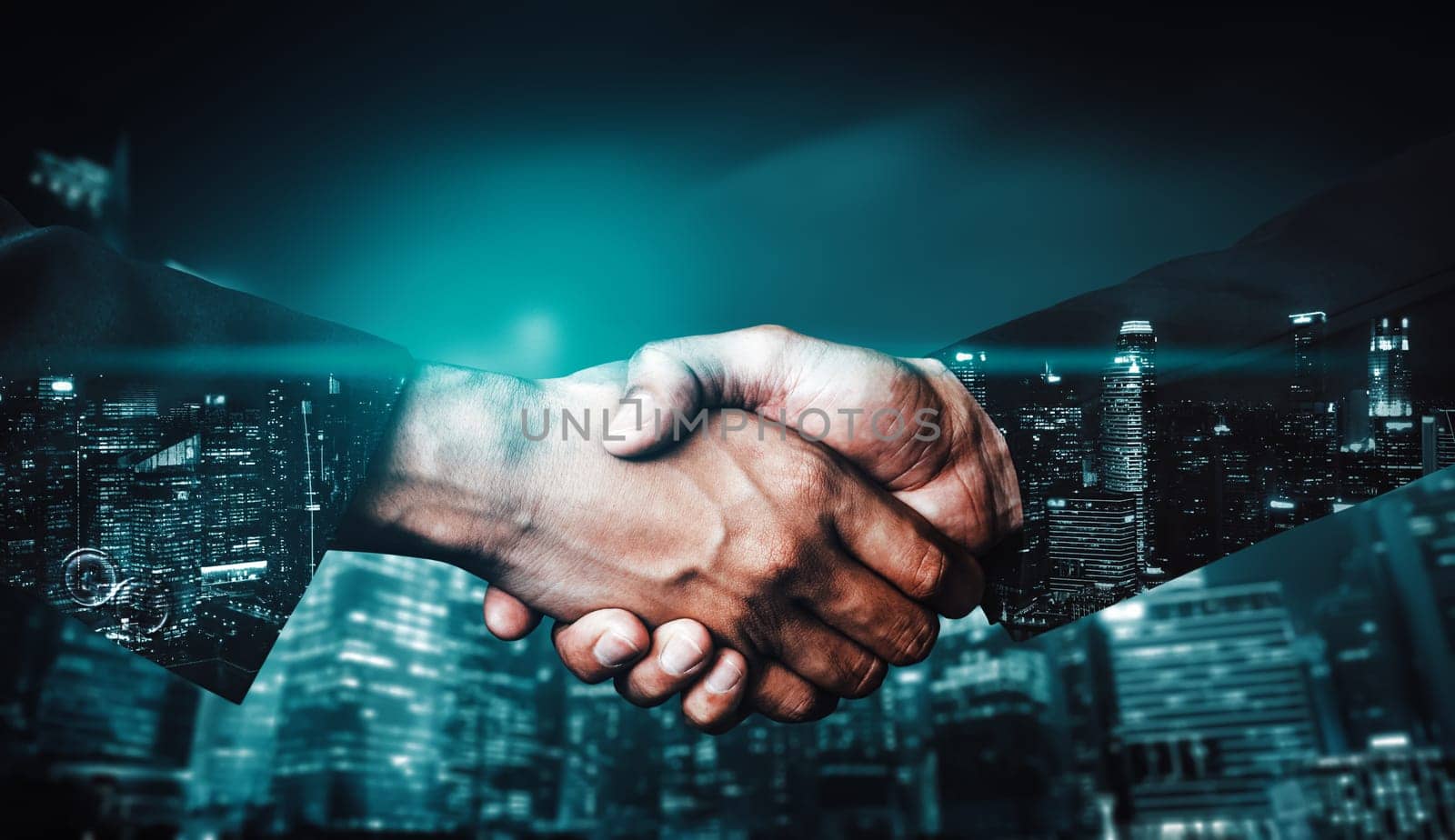 Double exposure image of business people handshake on city office building in background show partnership success of business deal. Concept of corporate teamwork, trust partner and work agreement. uds