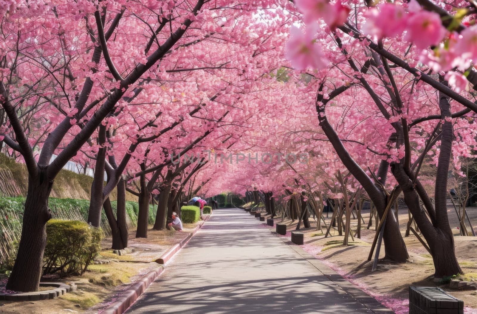 Beautiful Street With Pink Flowered Trees and Lush Greenery by gcm