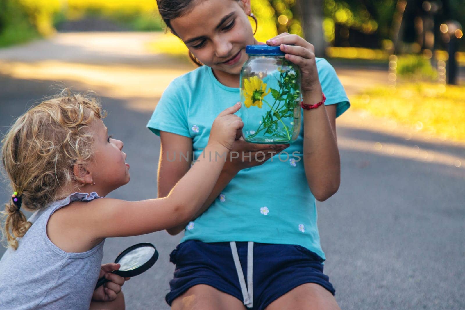 A child looks into a jar with a magnifying glass. Selective focus. by yanadjana