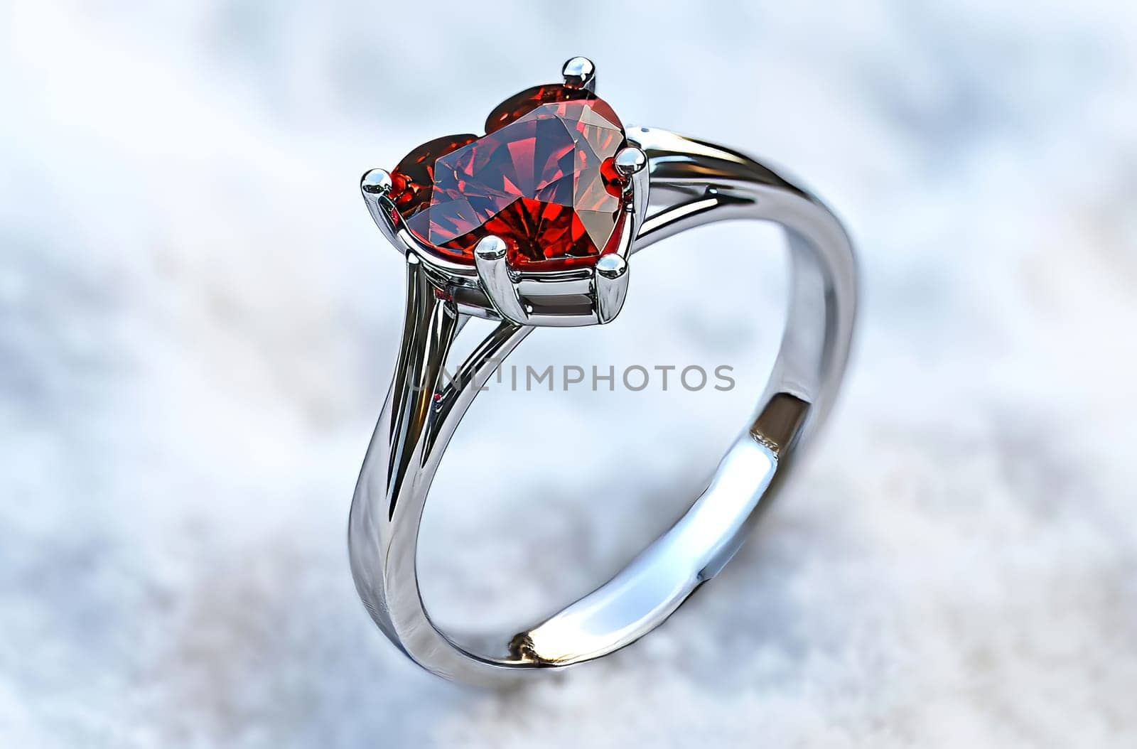 A red heart shaped ring resting on a plain white surface