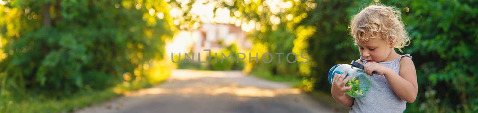 A child looks into a jar with a magnifying glass. Selective focus. Kid.