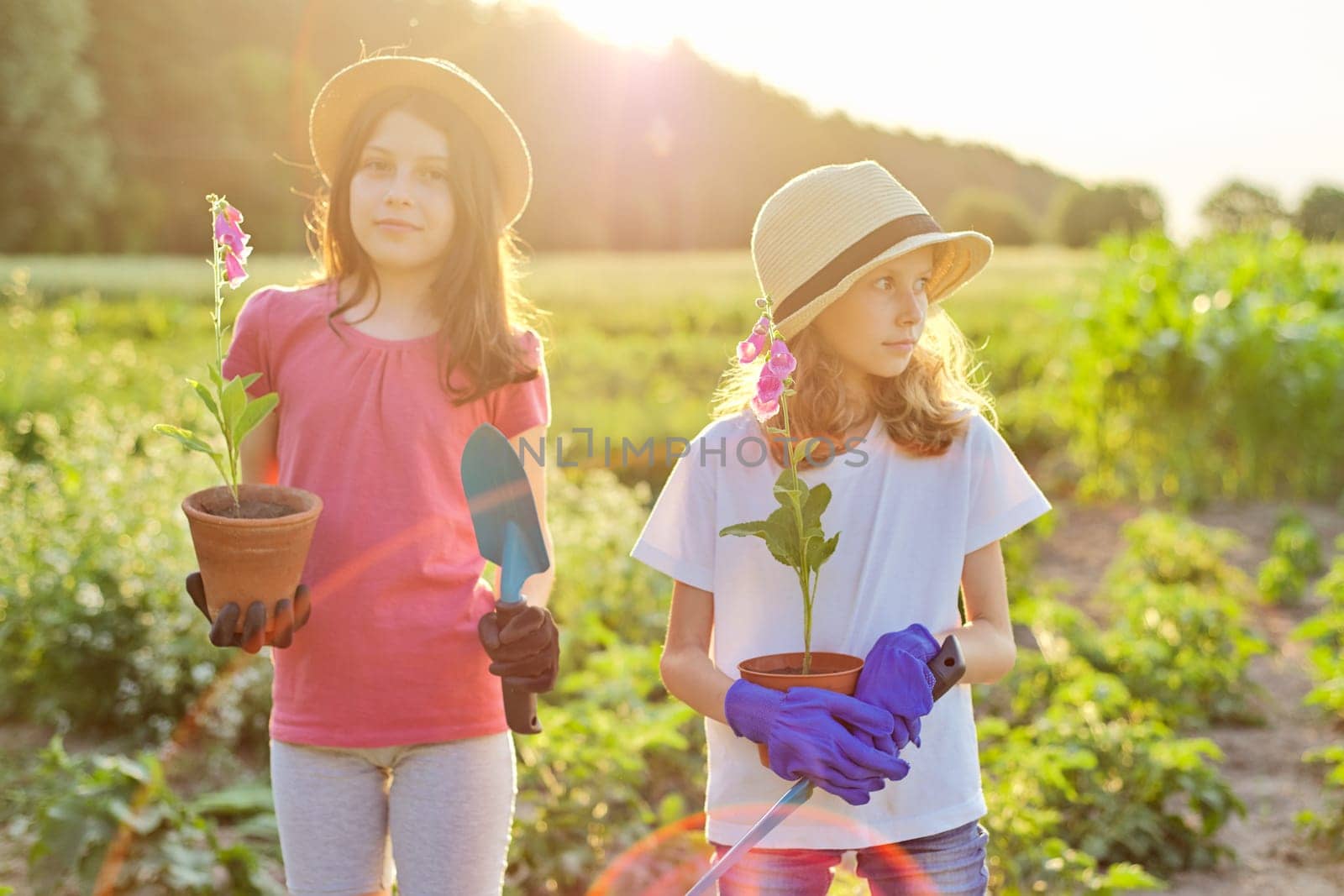 Portrait of two girls children with flowers in pots, gloves, with garden shovels by VH-studio