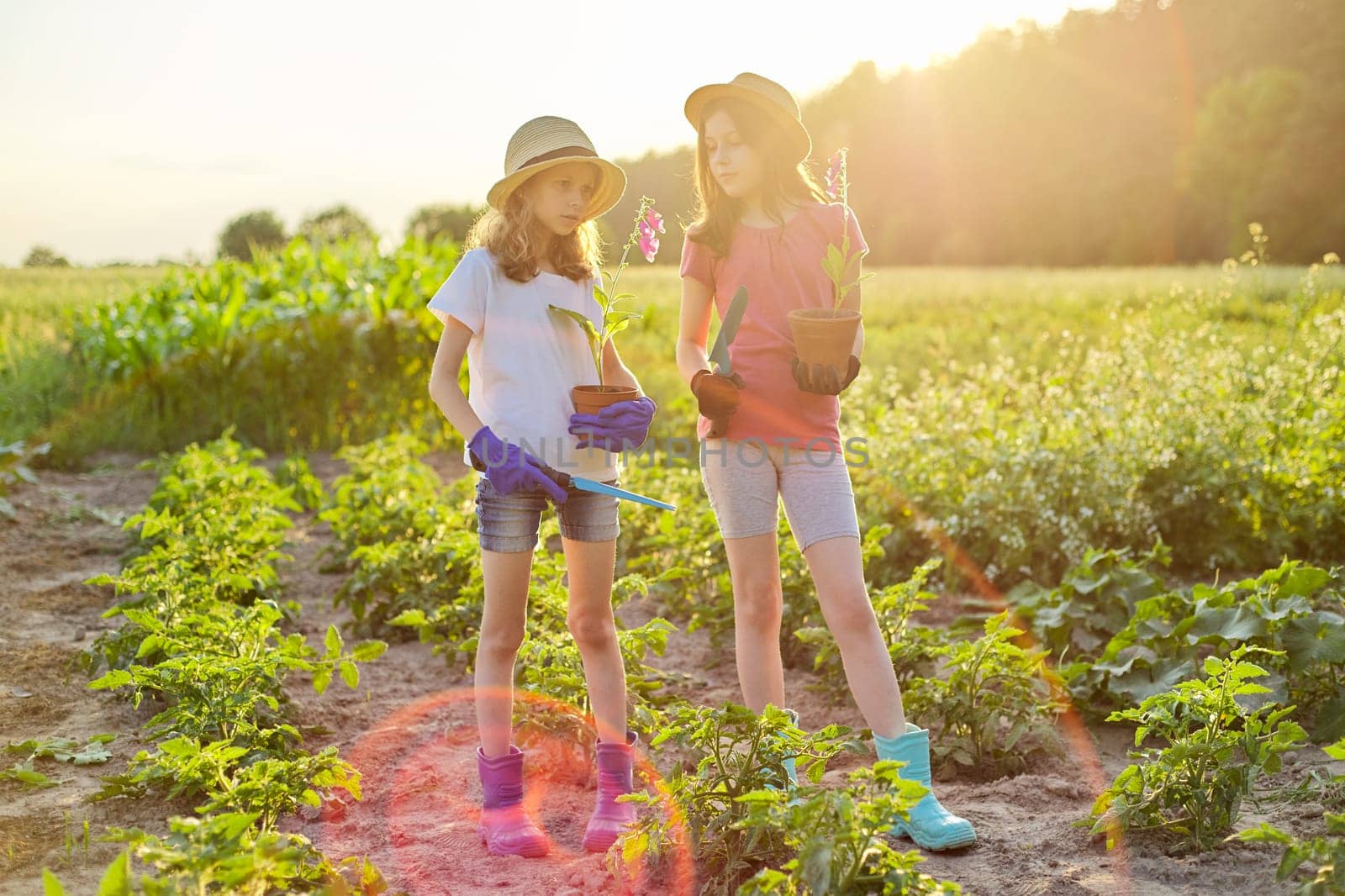 Portrait of two little beautiful gardeners in hats gloves with flowering plants in pots and garden shovels. Girls children in rural garden, spring summer sunny day, nature landscape golden hour