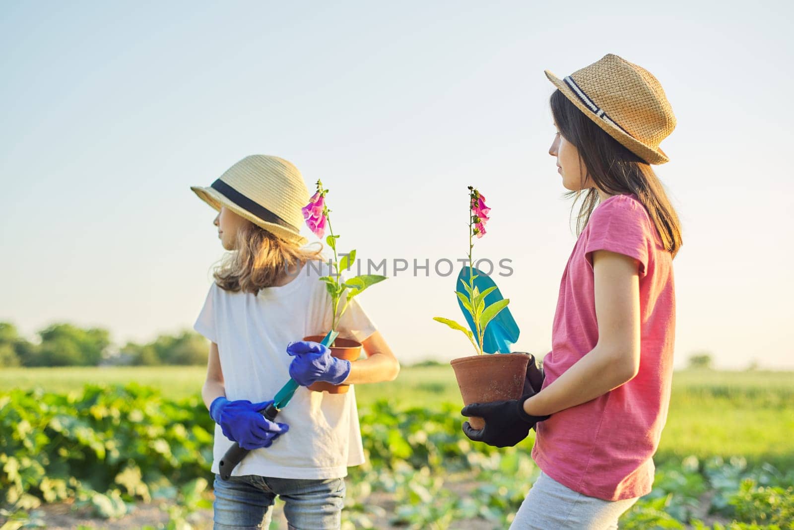 Portrait of two girls children with flowers in pots, gloves, with garden shovels. Young gardeners in hats, background rural nature, landscape, sky, spring summer season