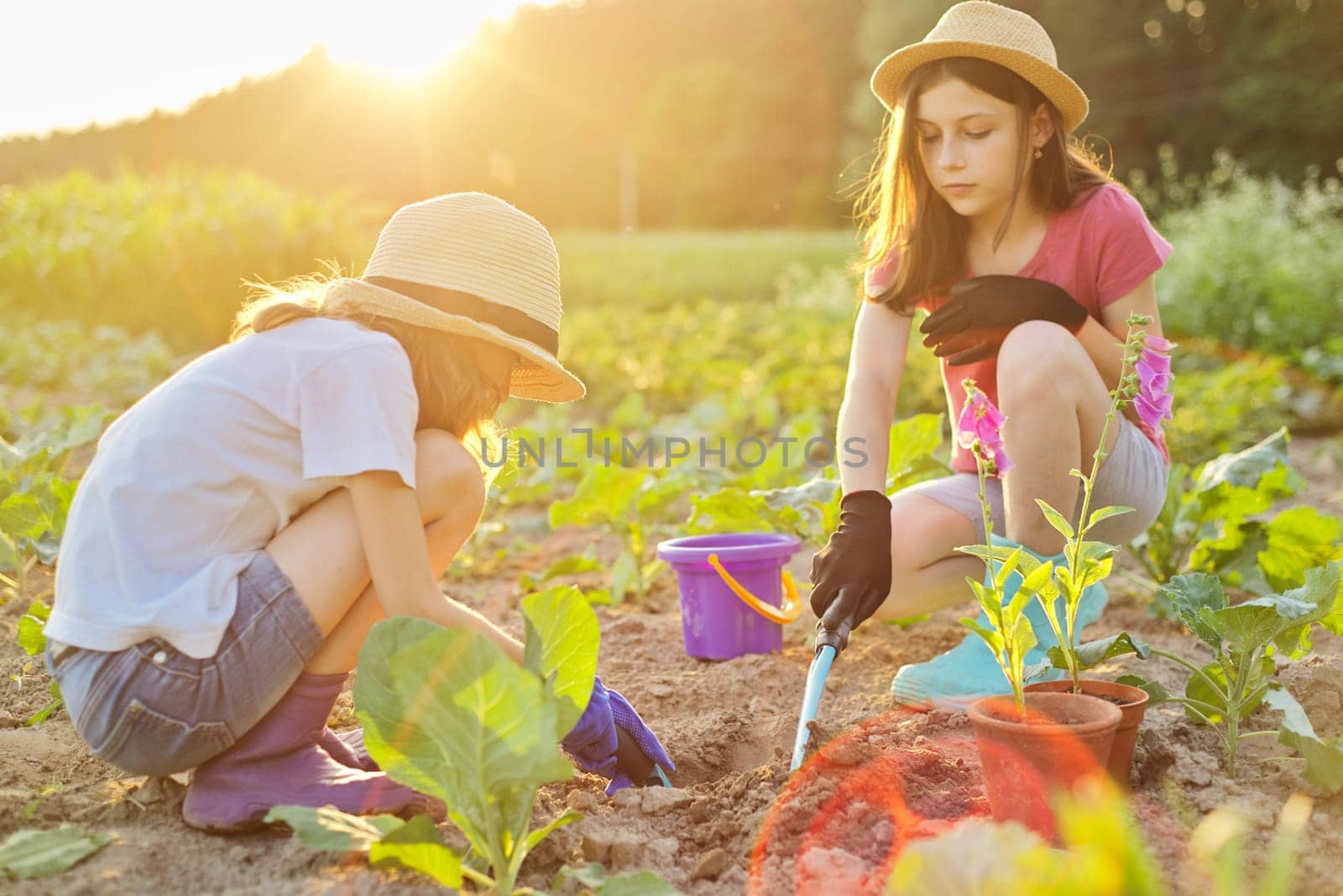 Children two girls with flowers in pots, gloves with garden tools, planting plants by VH-studio