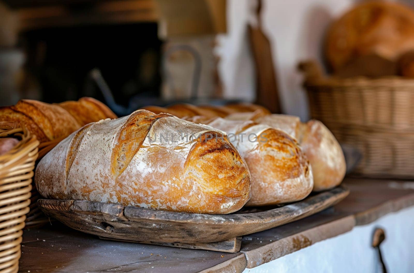 A diverse assortment of bread, artfully arranged, sits on top of a wooden table