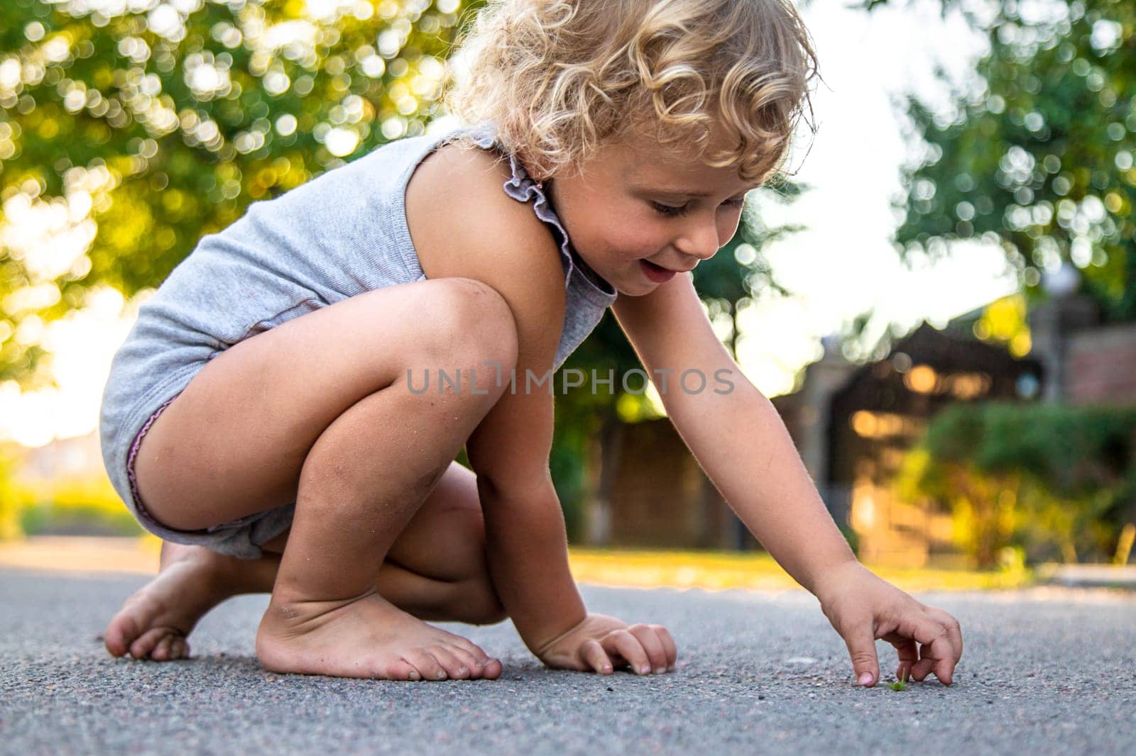 The child holds a grasshopper in his hands. Selective focus. Nature.