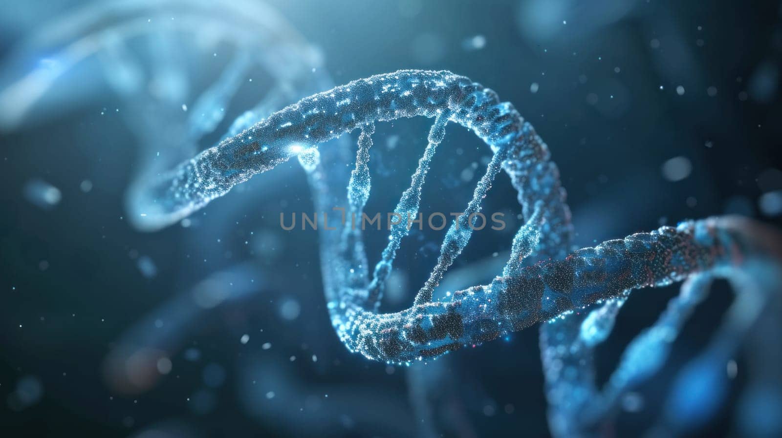 Glowing blue DNA helix structure. Created using AI generated technology and image editing software.