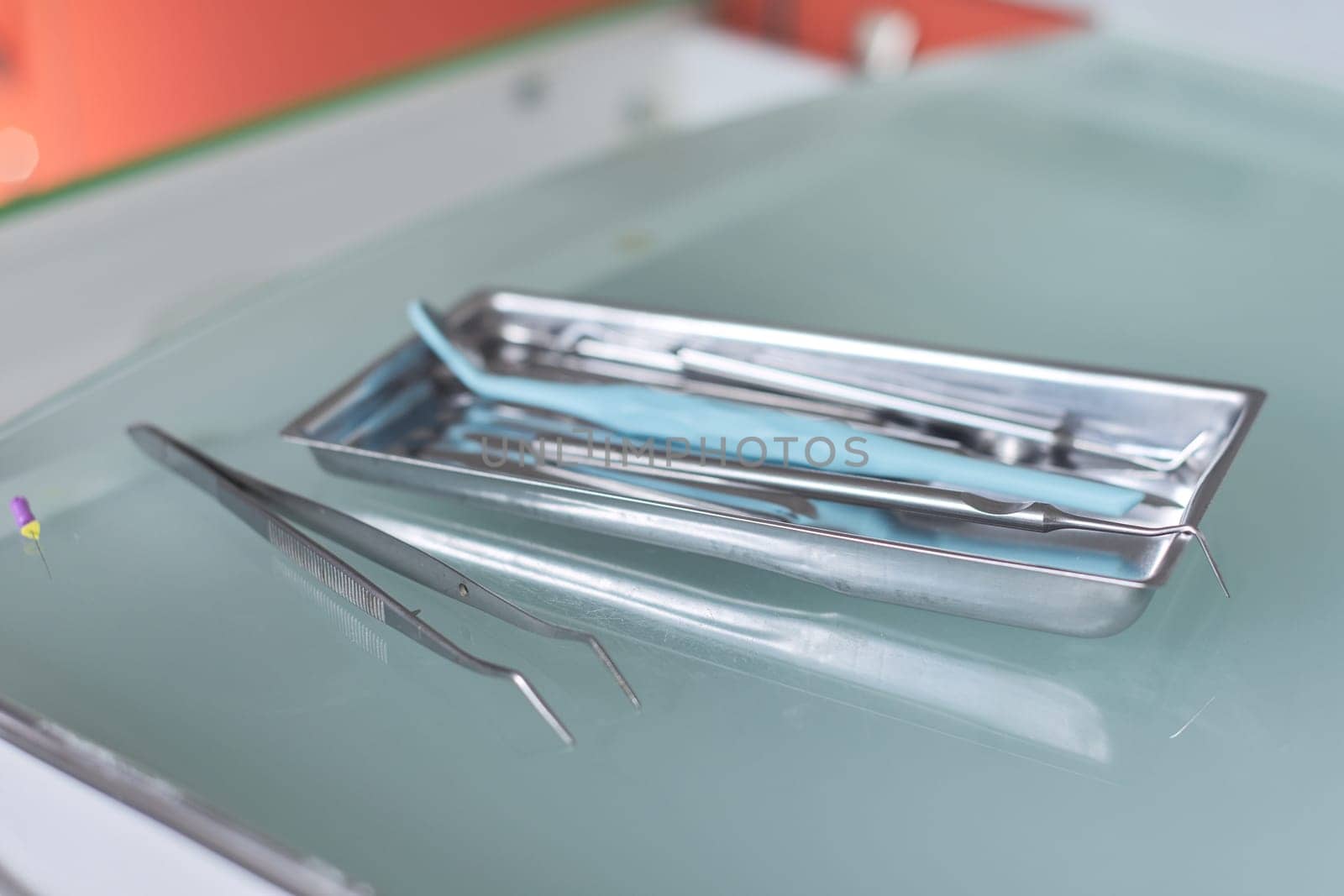Close-up of dentist doctor work table with special professional tools by VH-studio