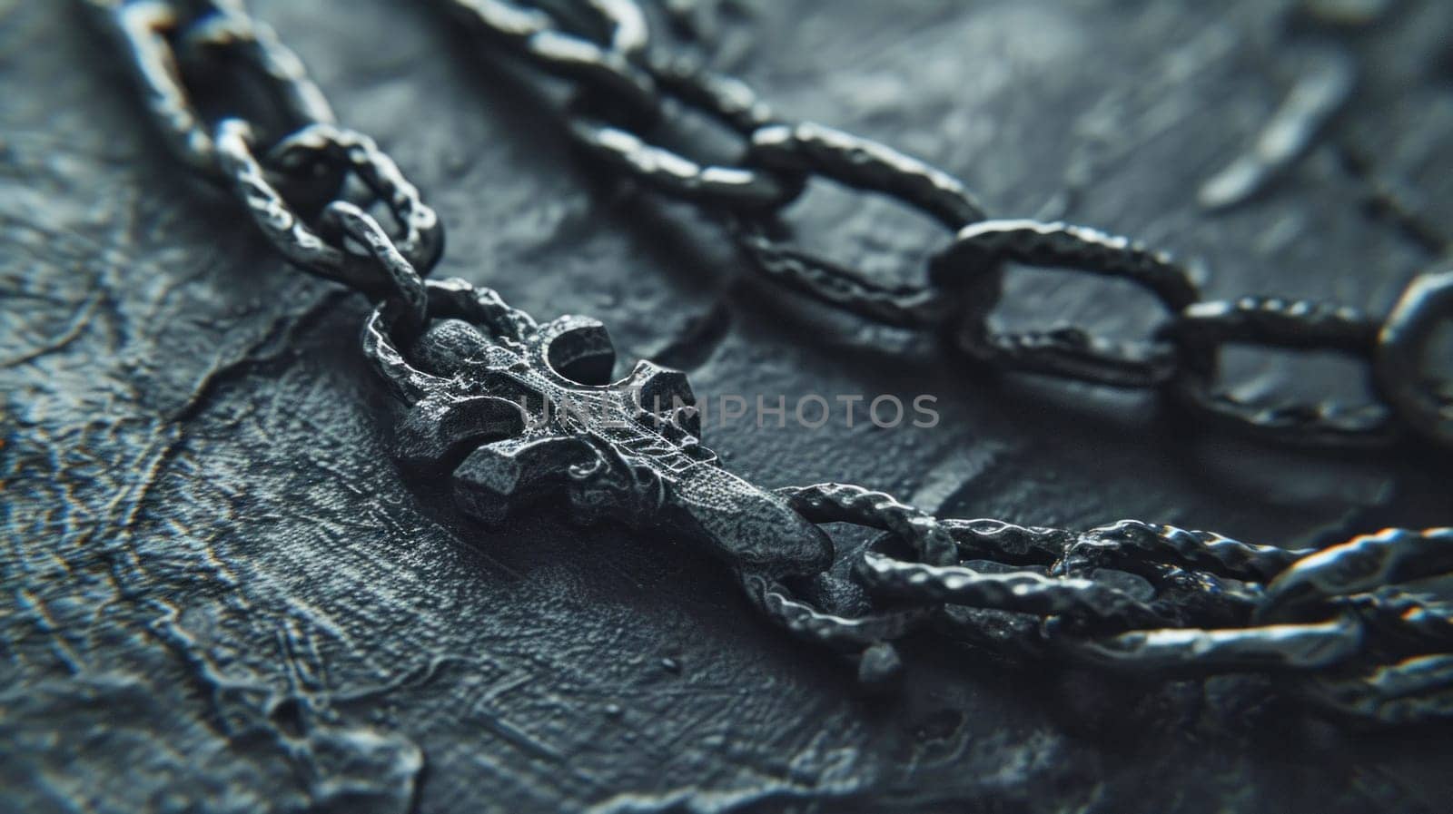 Macro of ornate chain on leather. Created using AI generated technology and image editing software.