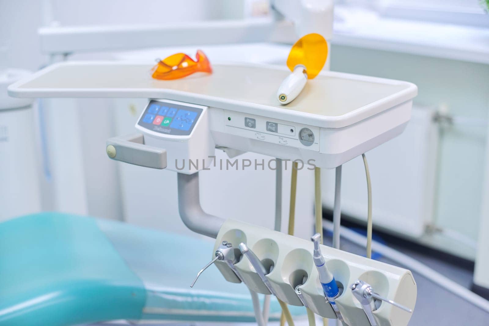 Kyiv UA, 31-07-2019. Dental office interior, close-up of dental equipment, tools and materials by VH-studio