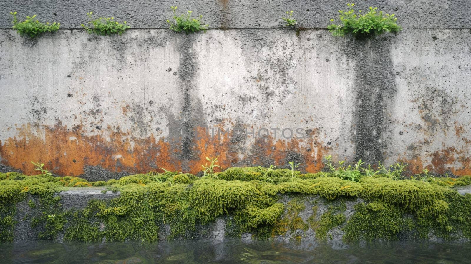 Waterfront wall with vibrant green moss. Created using AI generated technology and image editing software.