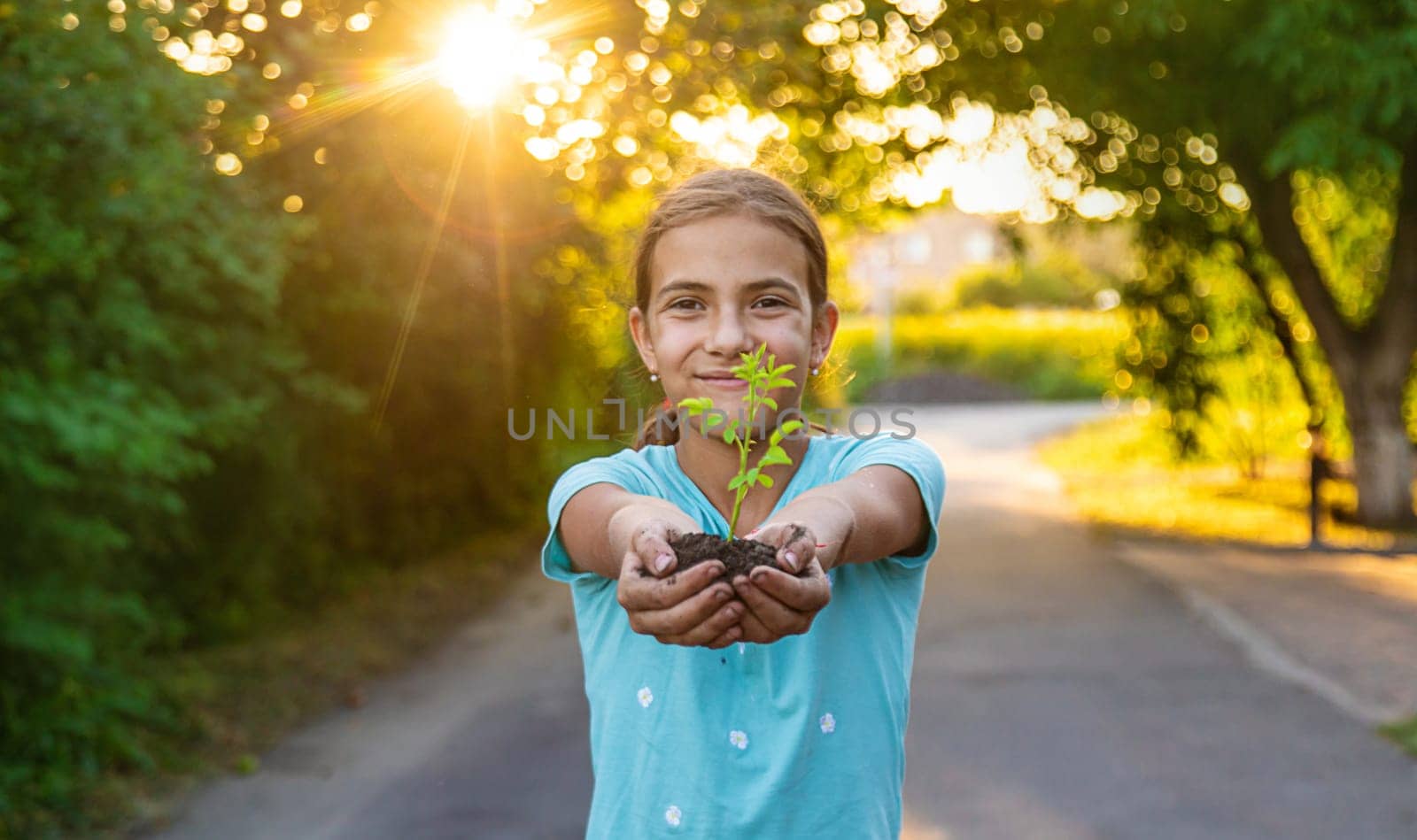 The child holds a plant in his hands. Selective focus. Kid.