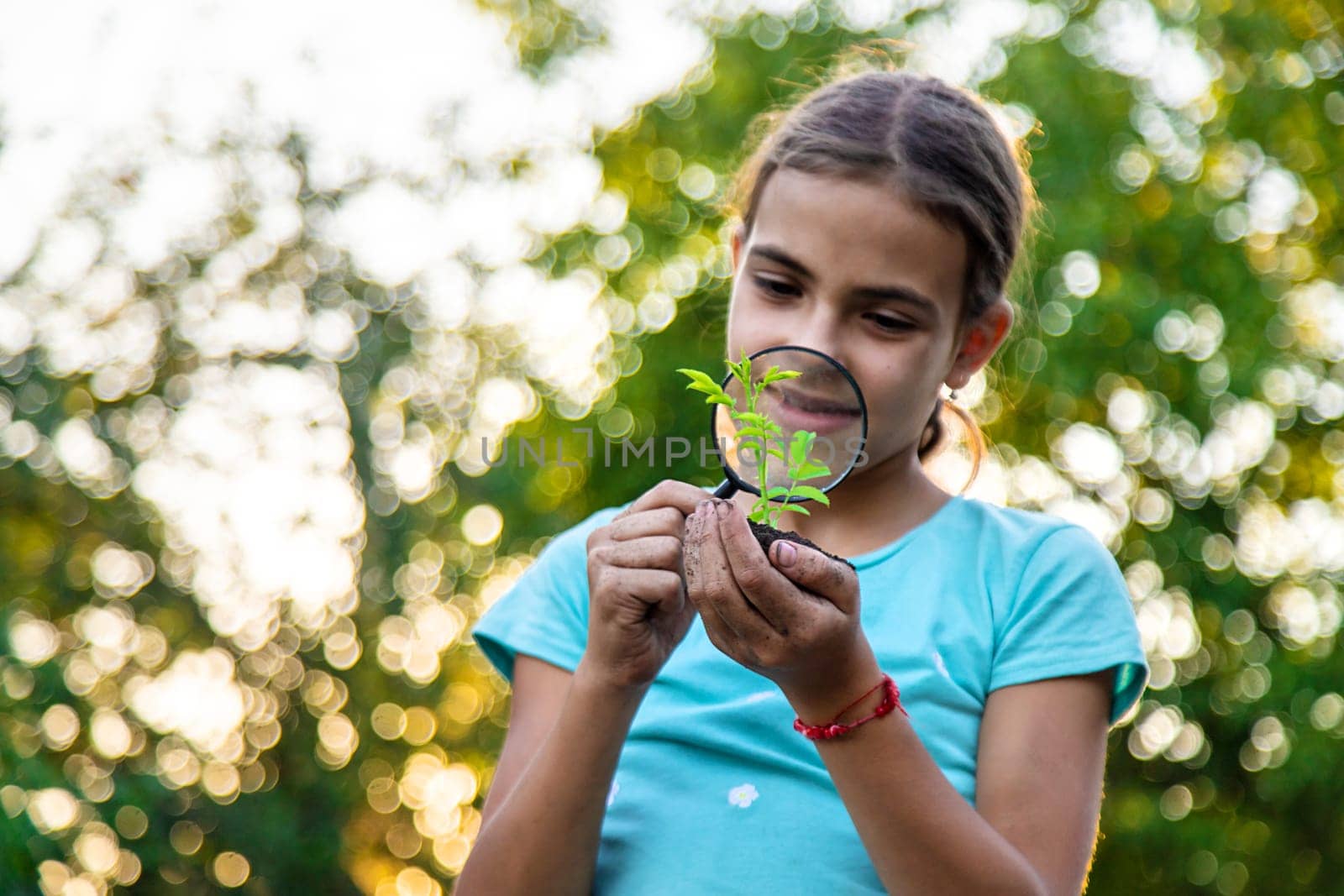 A child looks at a plant in his hands with a magnifying glass. Selective focus. by yanadjana