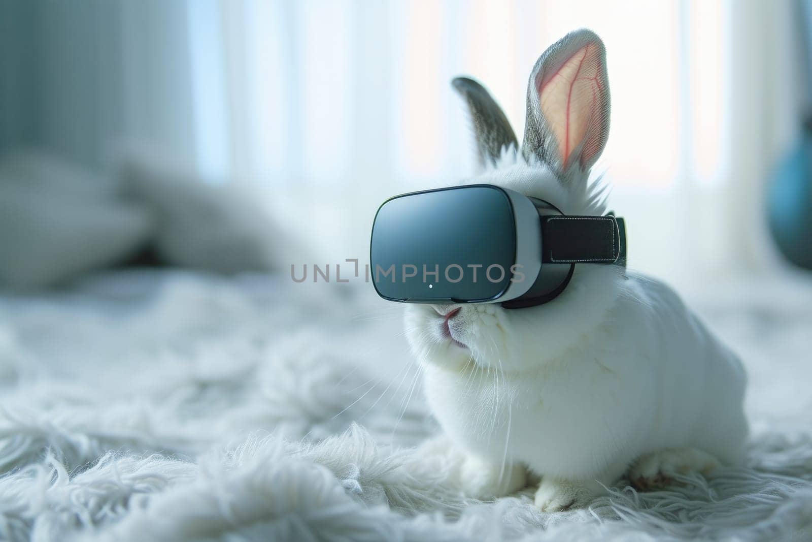 Bunny wearing Virtual reality goggle. Futuristic technology concept. Generative AI.