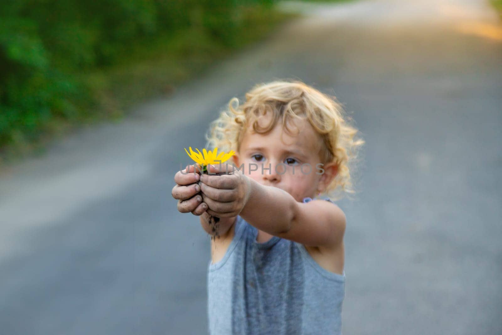 The child holds a flower in his hands. Selective focus. Kid.