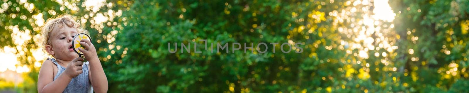 A child looks at a flower with a magnifying glass. Selective focus. Kid.