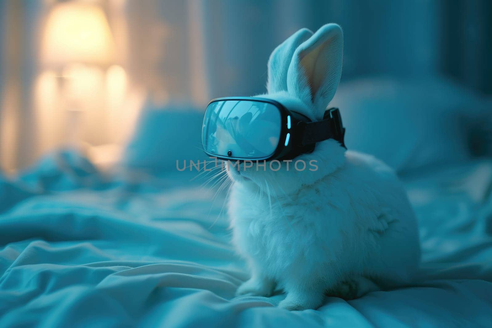 Bunny wearing Virtual reality goggle. Futuristic technology concept. Generative AI.