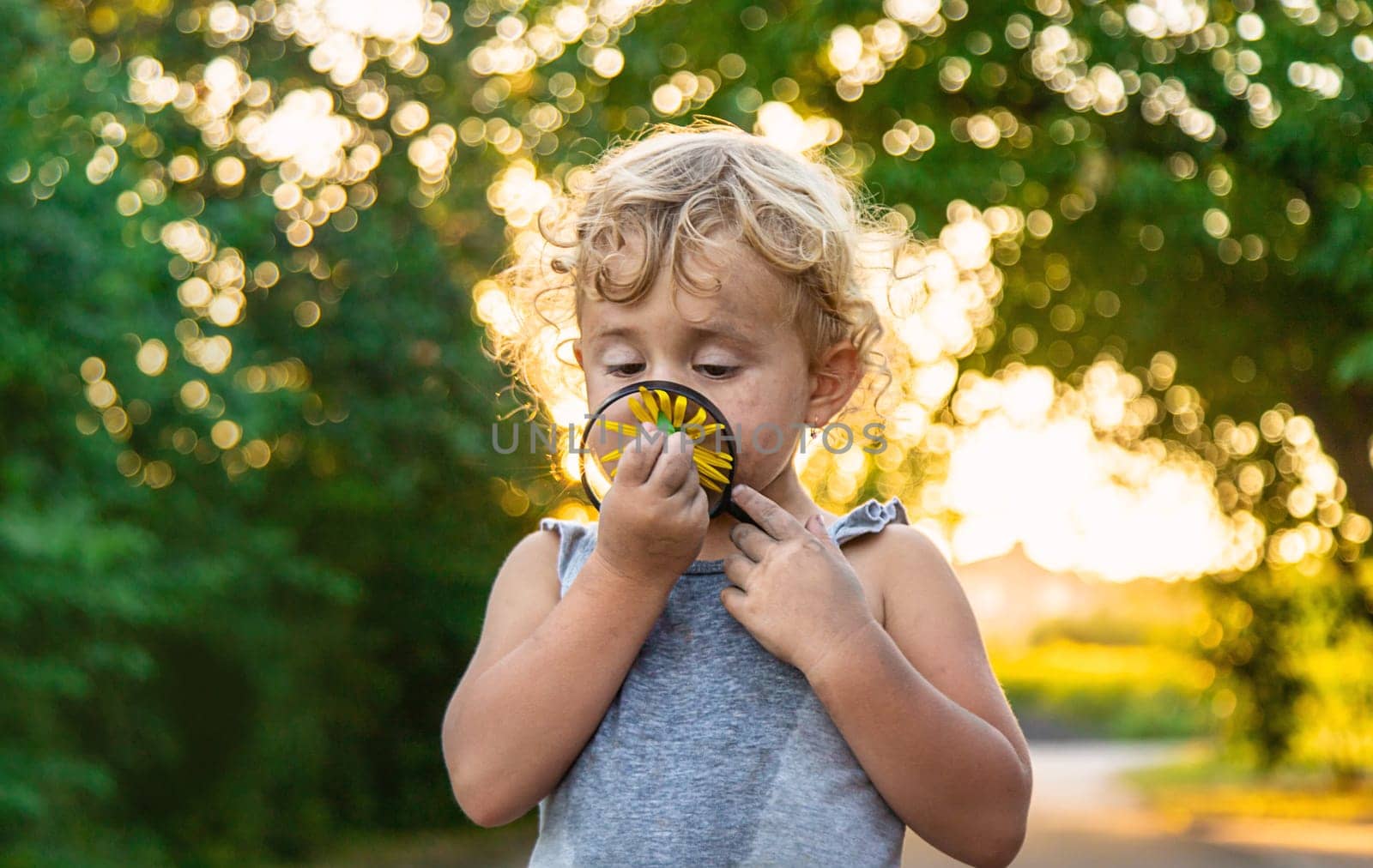 A child looks at a flower with a magnifying glass. Selective focus. Kid.