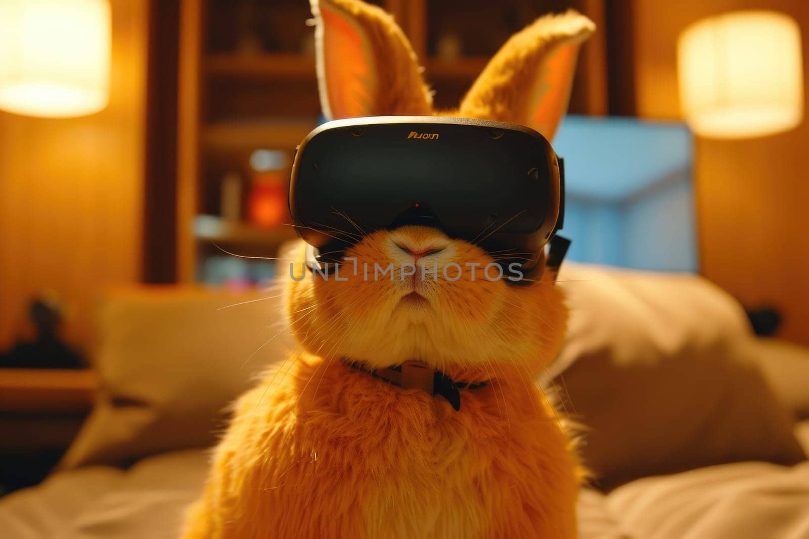 Bunny wearing Virtual reality goggle. Futuristic technology concept. Generative AI.