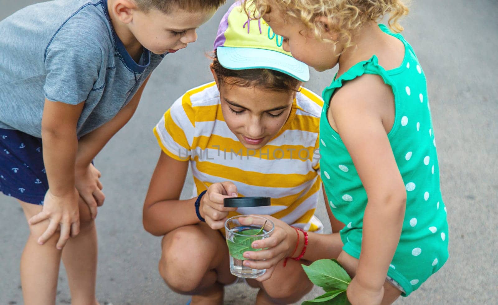 Children look with a magnifying glass into a glass of water. Selective focus. by yanadjana