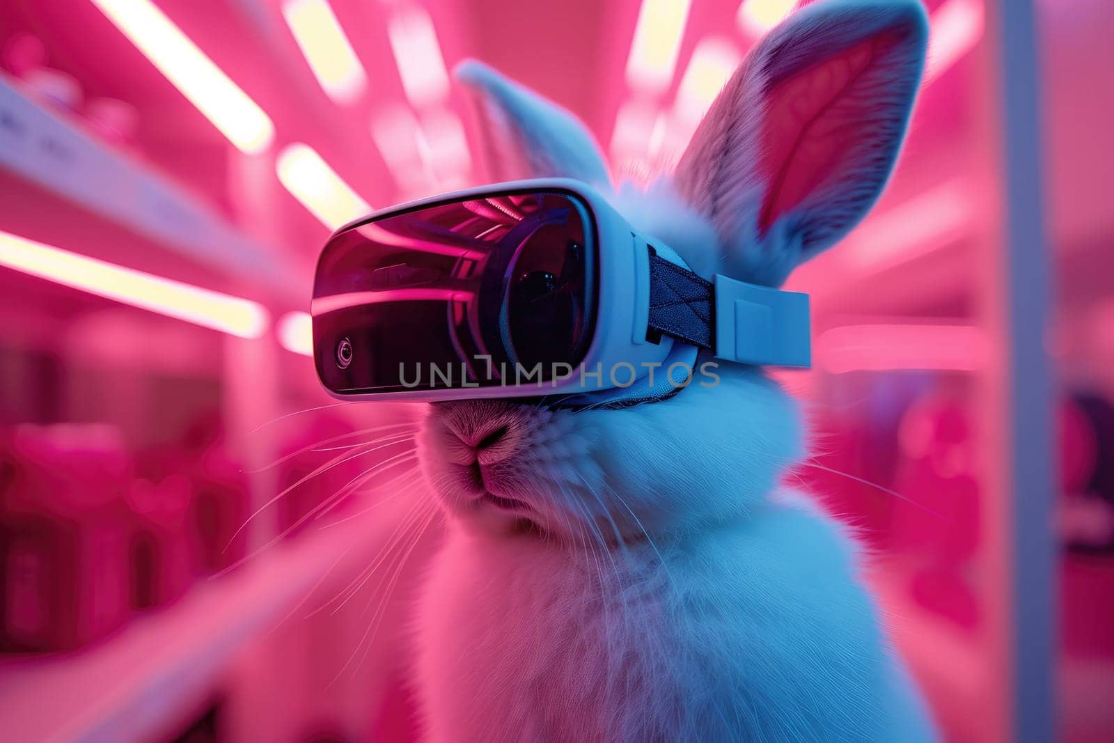 Bunny wearing Virtual reality goggle. Futuristic technology concept. Generative AI by itchaznong