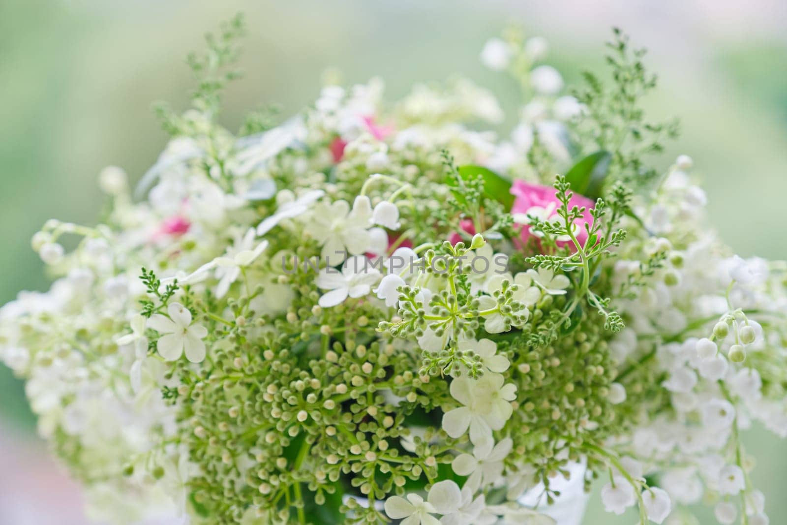 Bouquet of lilies of the valley, pink roses, blooming viburnum by VH-studio