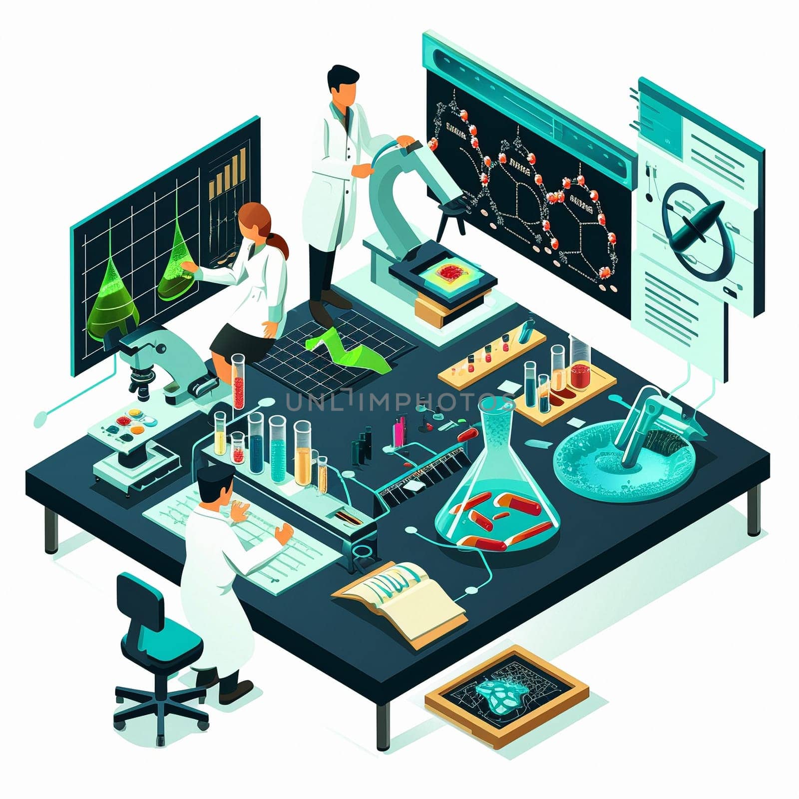 project teamwork in medicine, science and biology. isometric illustration. High quality illustration