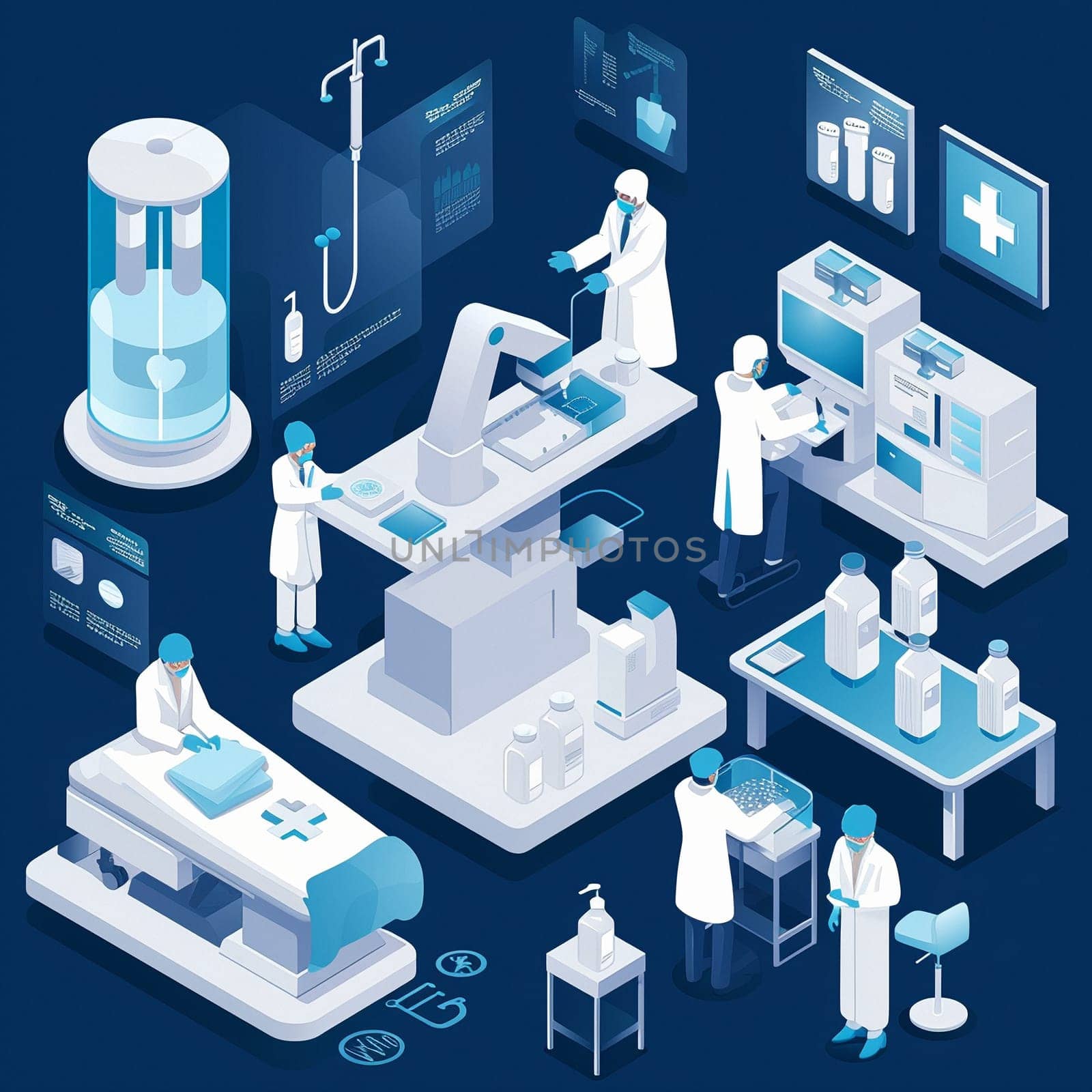 project teamwork in medicine, science and biology. isometric illustration by NeuroSky