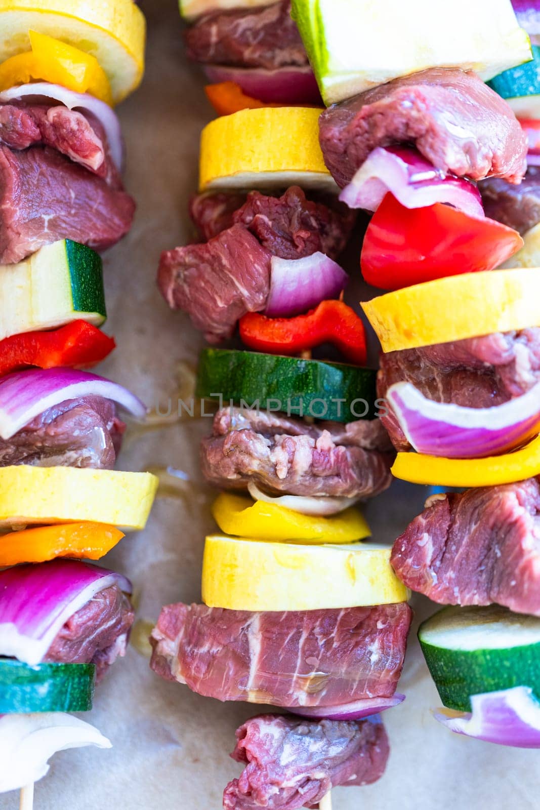 Grill Delights-Beef and Veggies Sizzling on Skewer by arinahabich