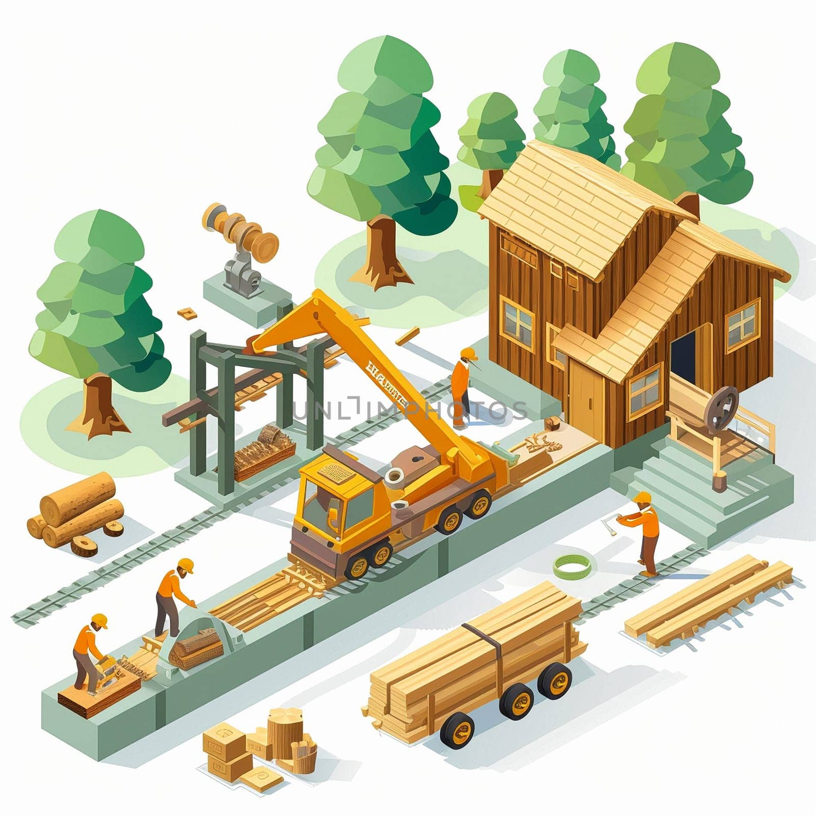 Project teamwork at sawmills. isometric illustration. High quality illustration