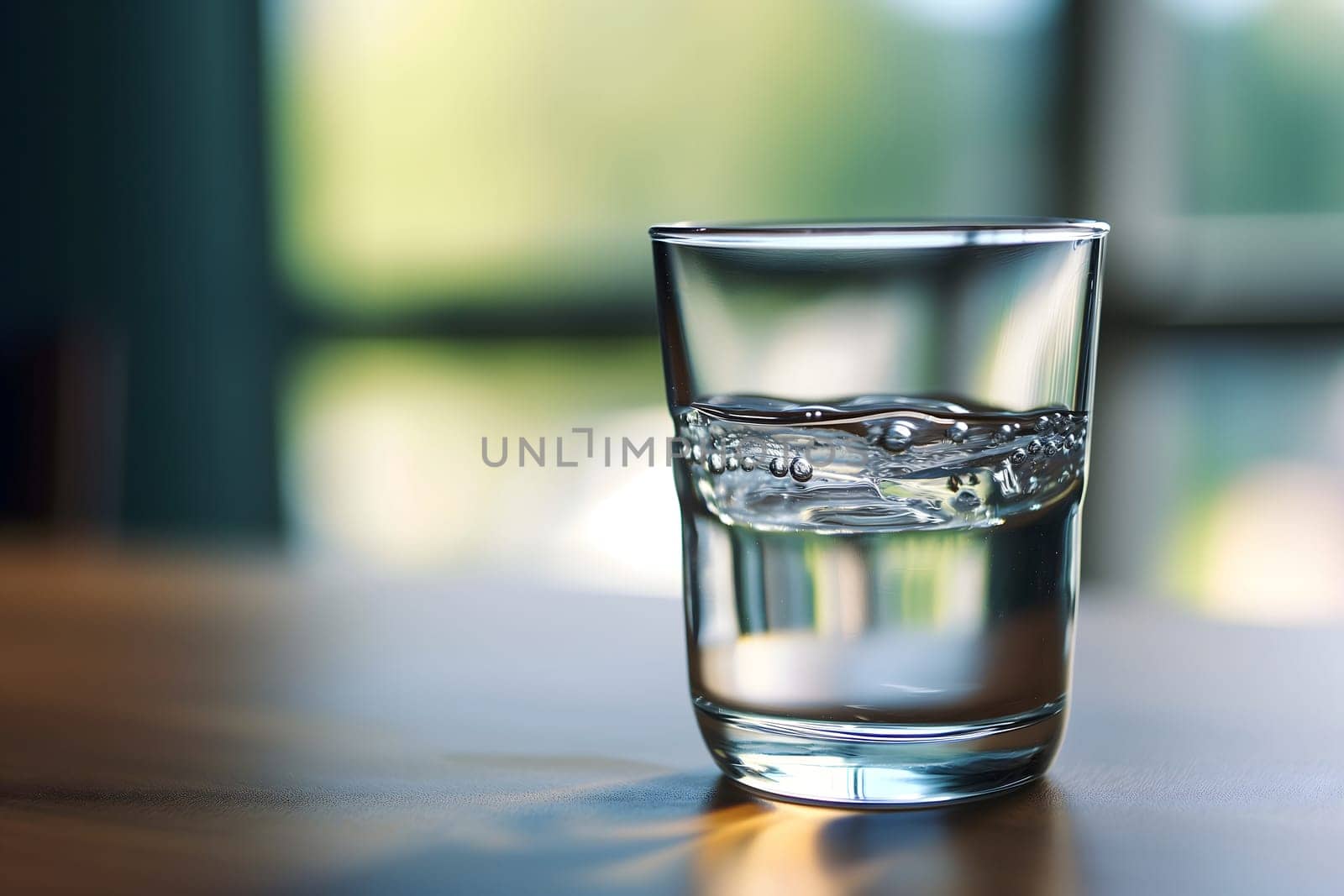 Glass of clean drinking water on wooden table in front of window selective focus. Neural network generated in January 2024. Not based on any actual scene or pattern.