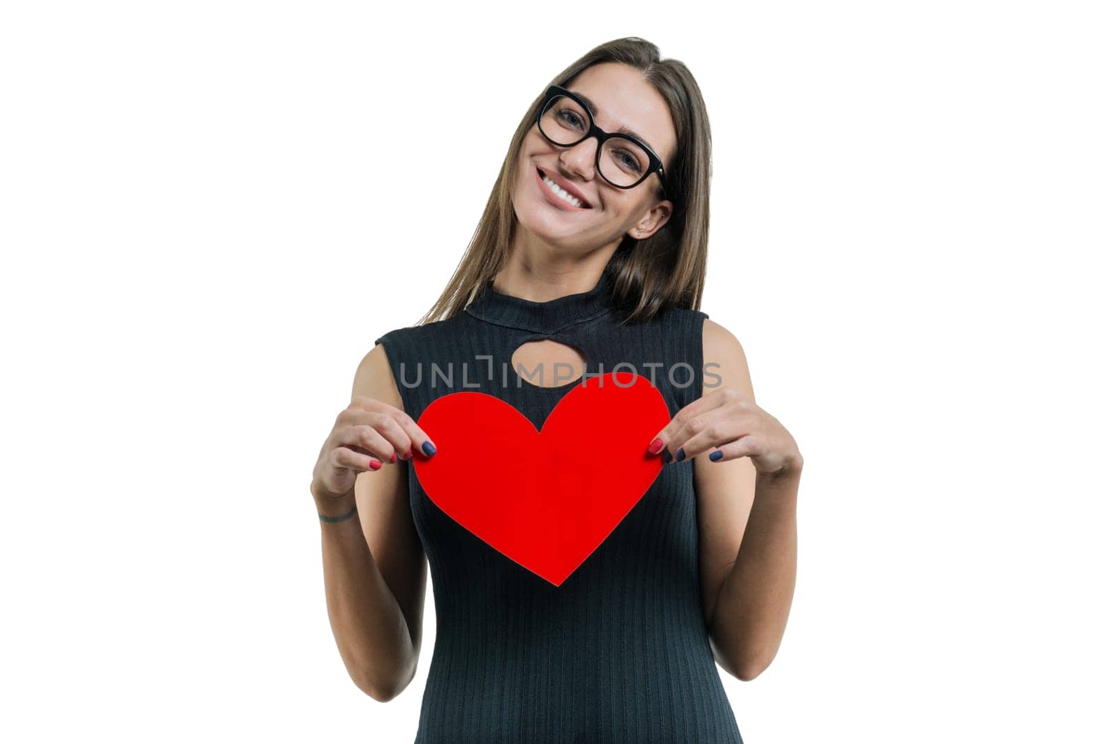 Isolated portrait of young beautiful woman with paper red heart