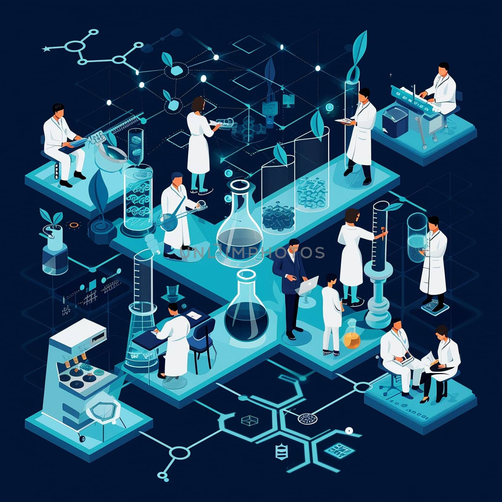 project teamwork in medicine, science and biology. isometric illustration. High quality illustration