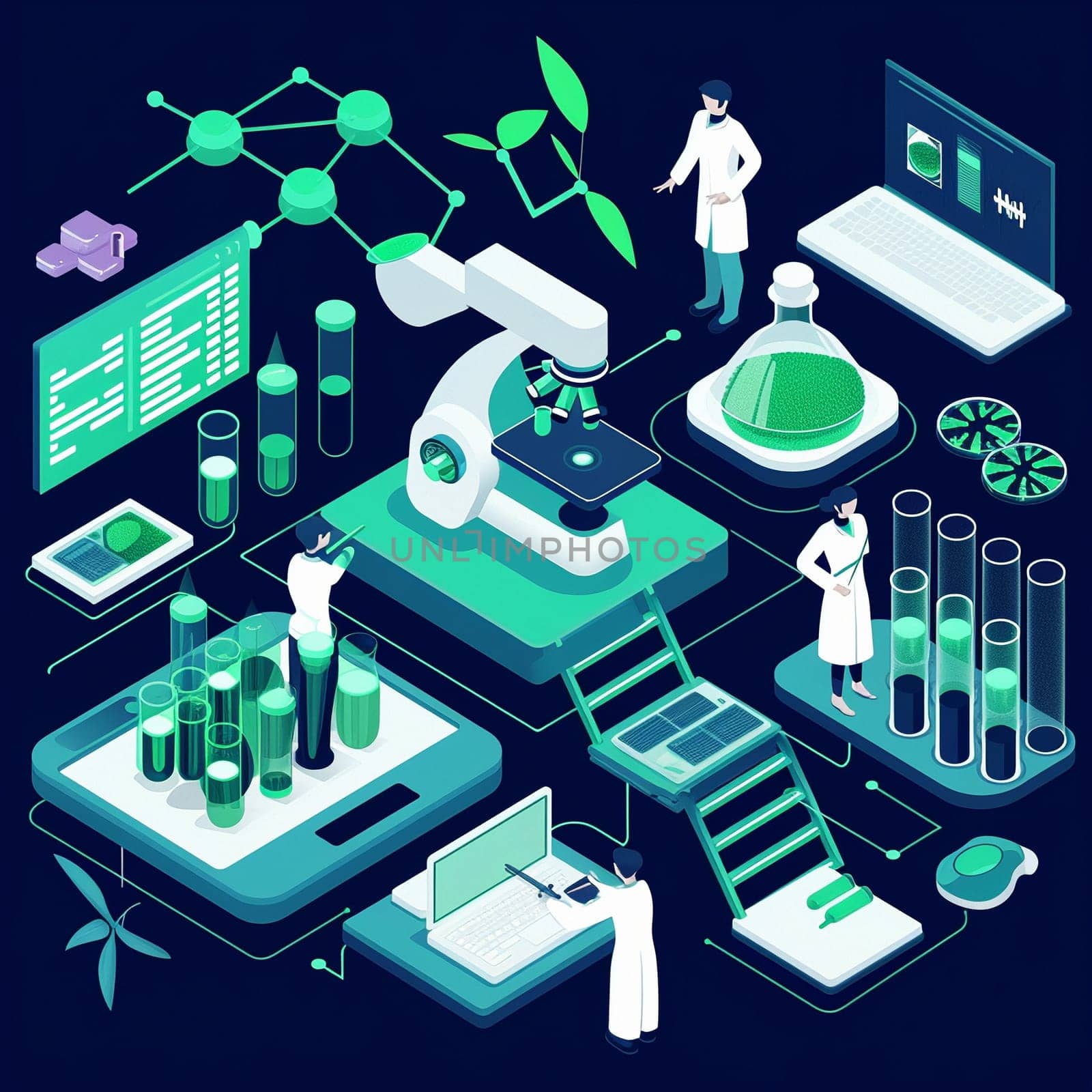 project teamwork in medicine, science and biology. isometric illustration by NeuroSky